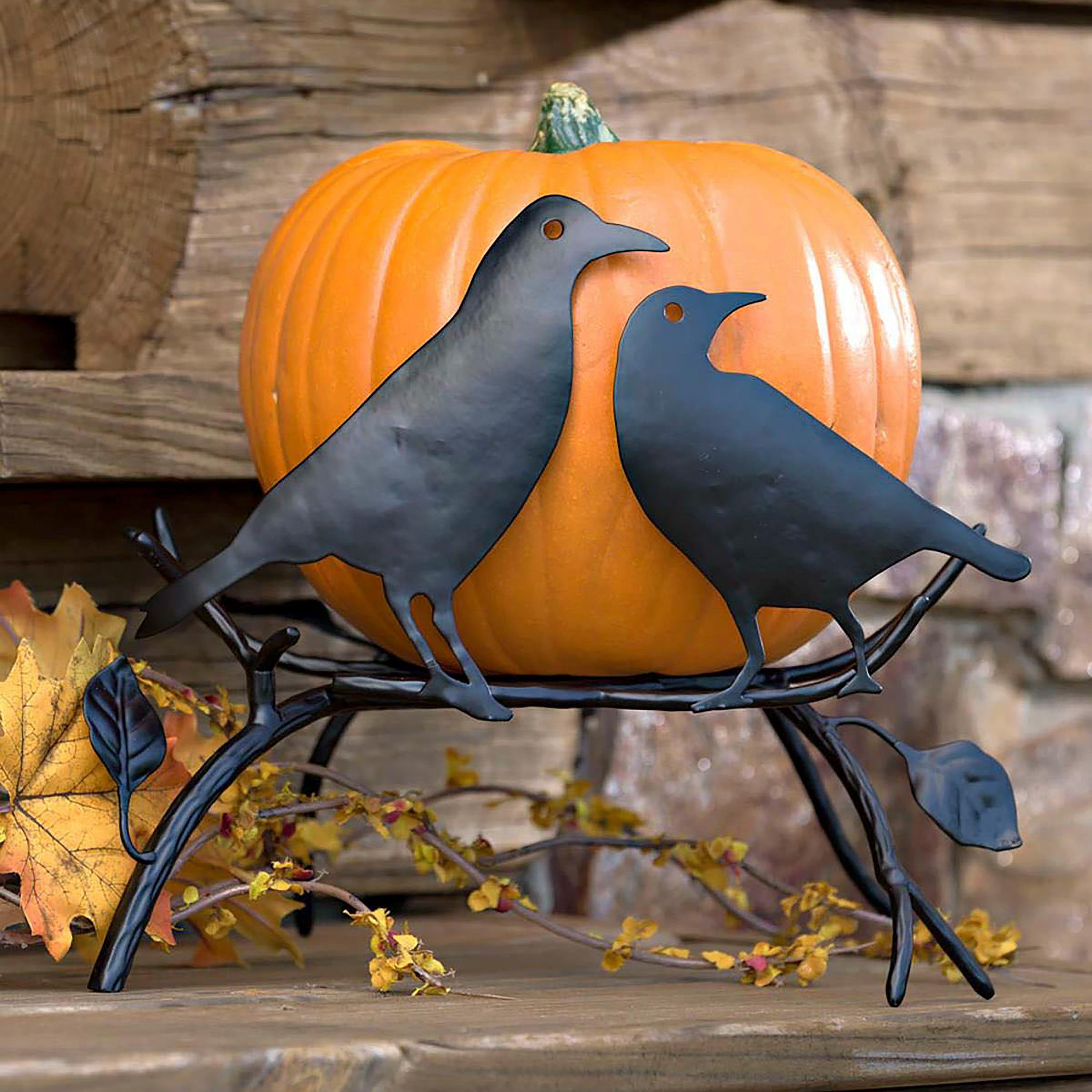 Black Metal Halloween Pumpkin Holder with Ravens