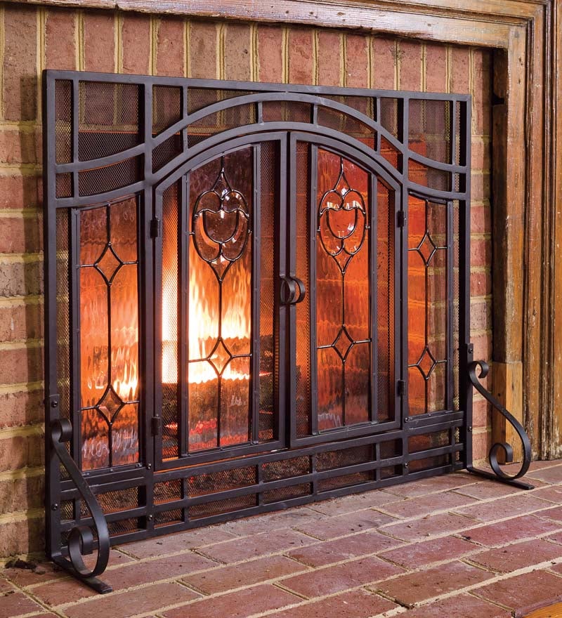 Small Two-Door Fireplace Screen with Glass Floral Panels