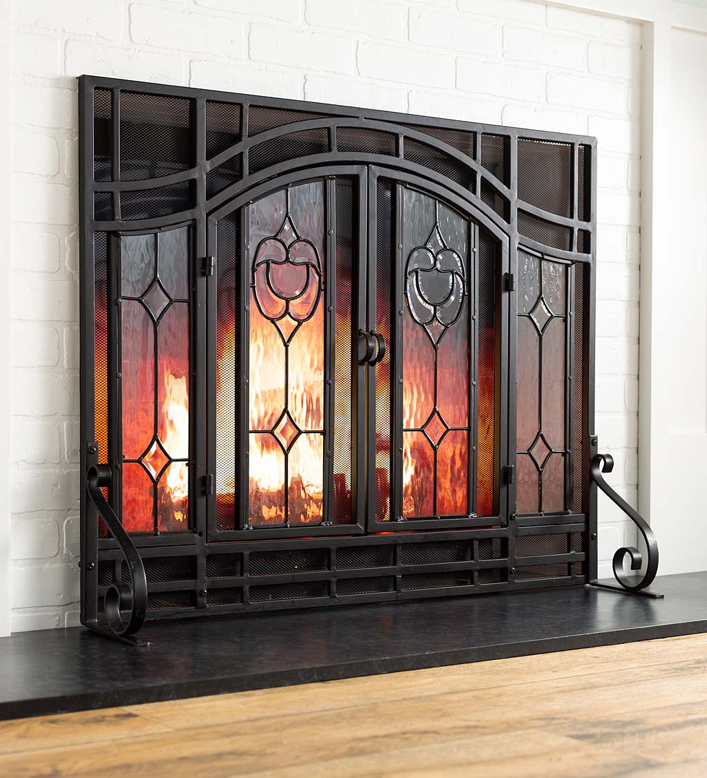 Two-Door Fireplace Screen with Glass Floral Panels