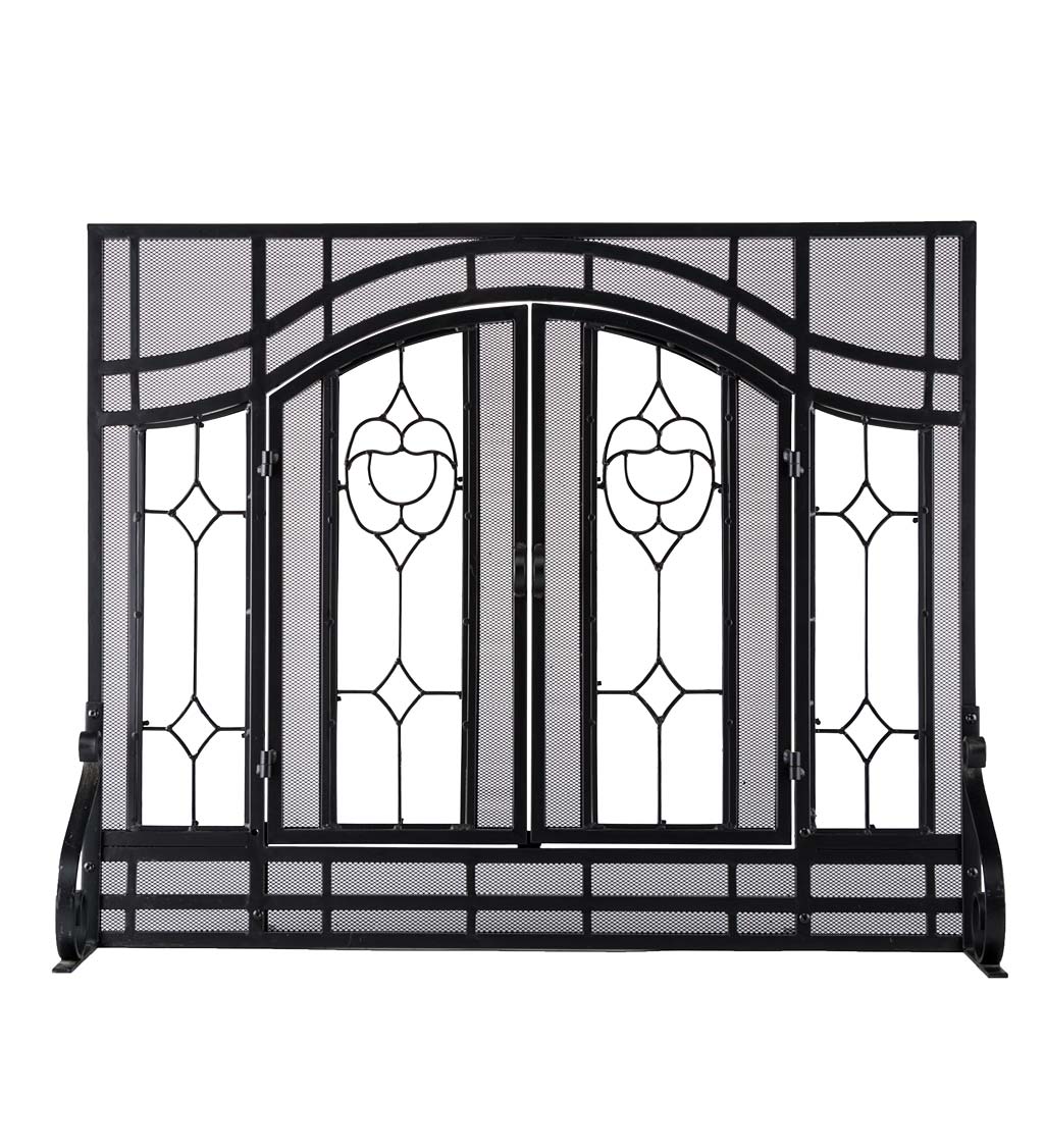 Small Two-Door Fireplace Screen with Glass Floral Panels