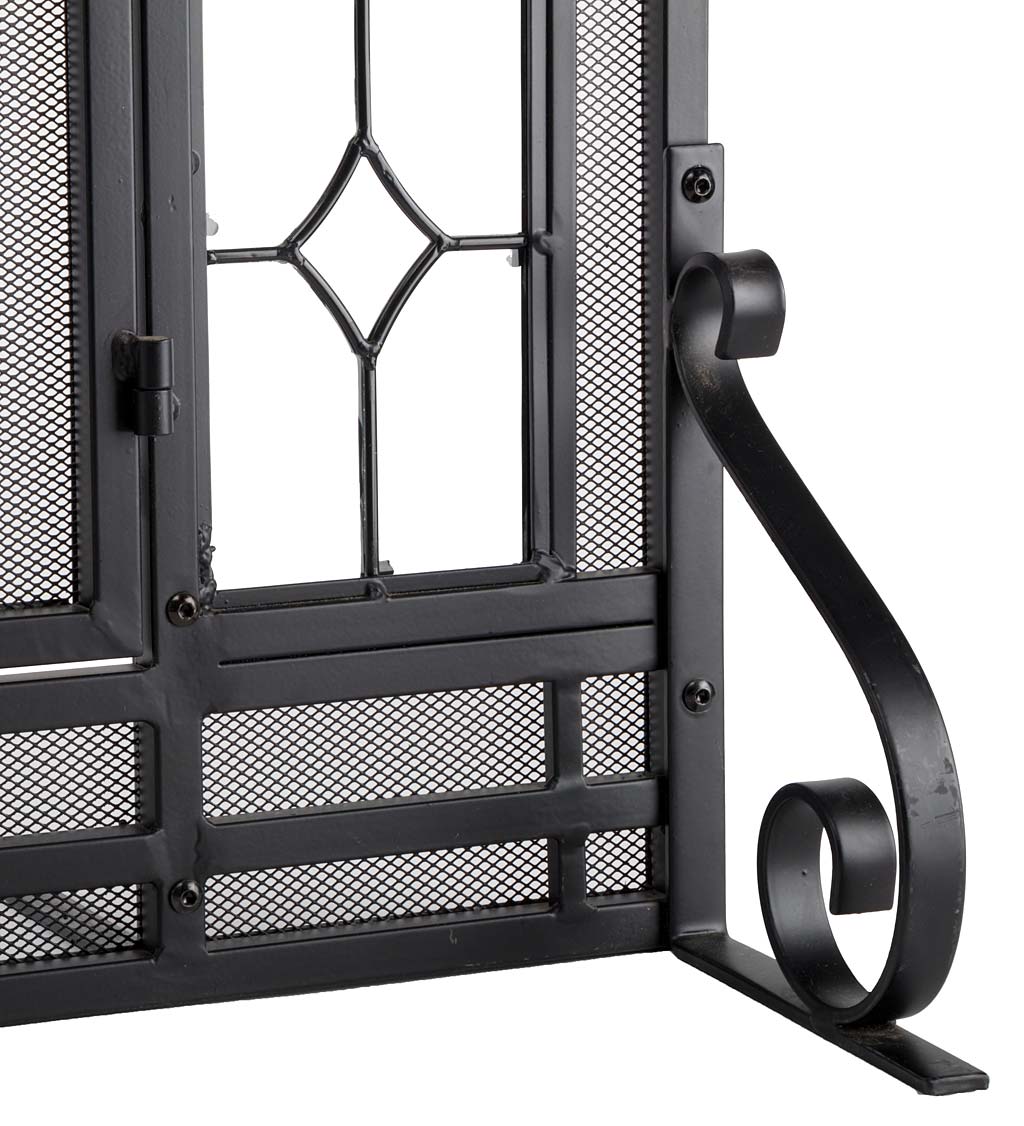 Small Two-Door Fireplace Screen with Glass Floral Panels