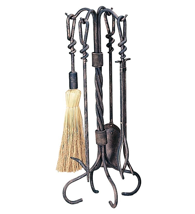 Wrought Iron 5-Piece Fireplace Tool Set with Twist Handles In Antique Rust Finish