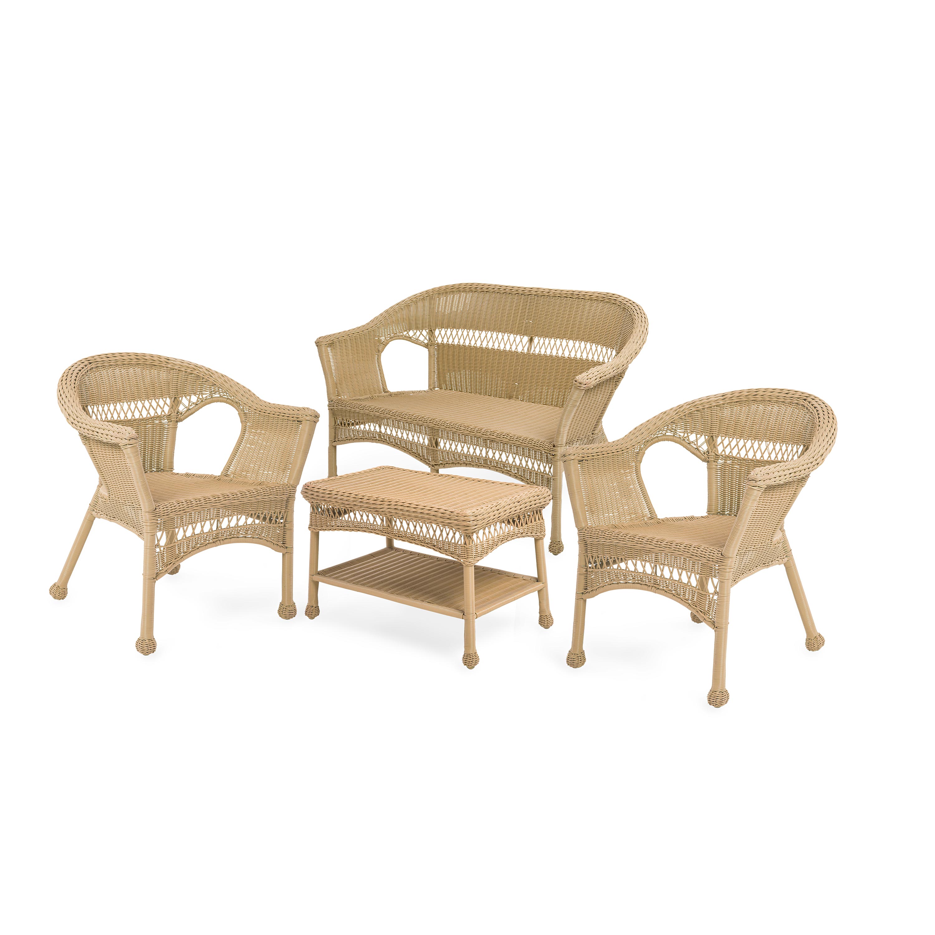 Easy Care Resin Wicker Love Seat, Chairs And Coffee Table Set