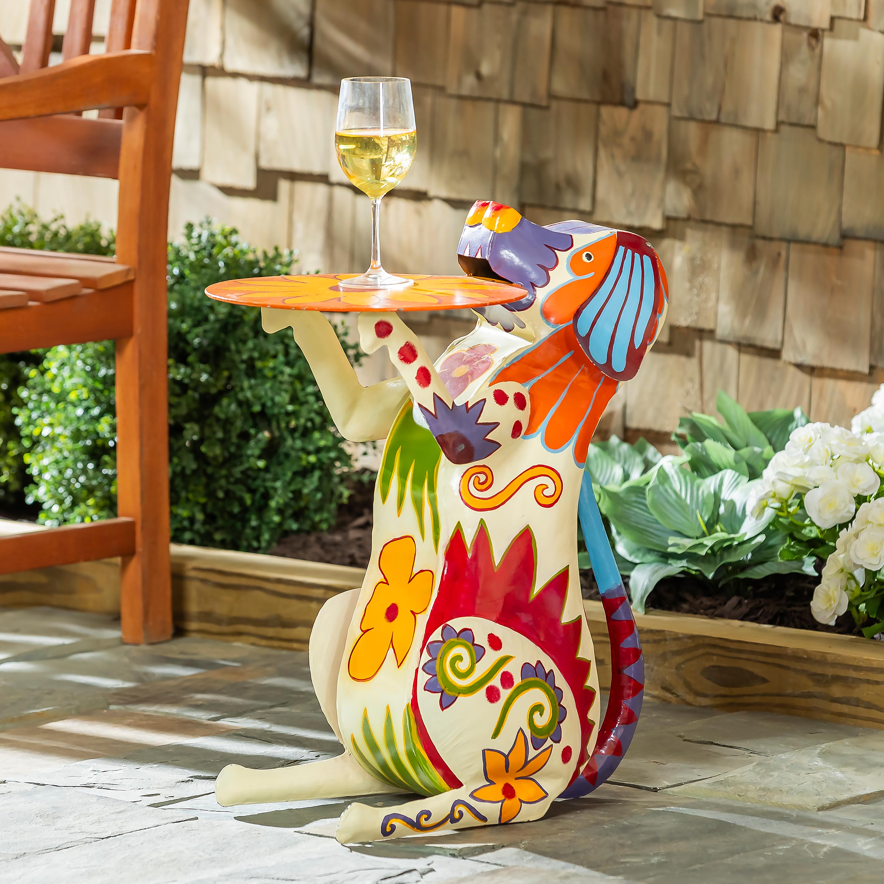 Handmade Colorful Painted Folk Art Metal Dog Side Table