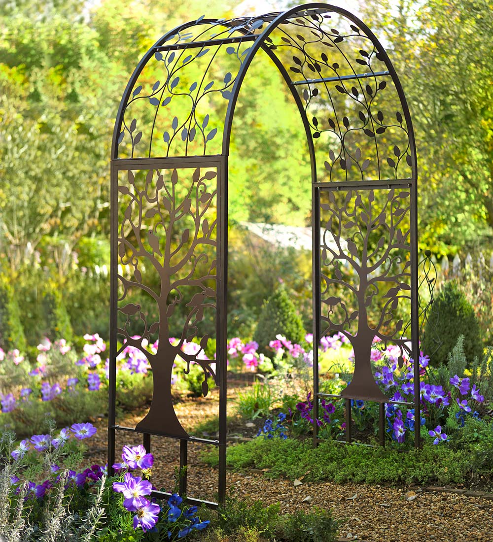 Metal Arched Garden Arbor with Tree of Life Design