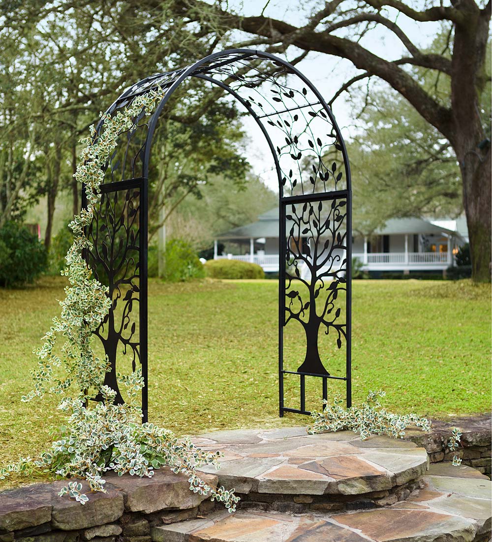 Metal Arched Garden Arbor with Tree of Life Design