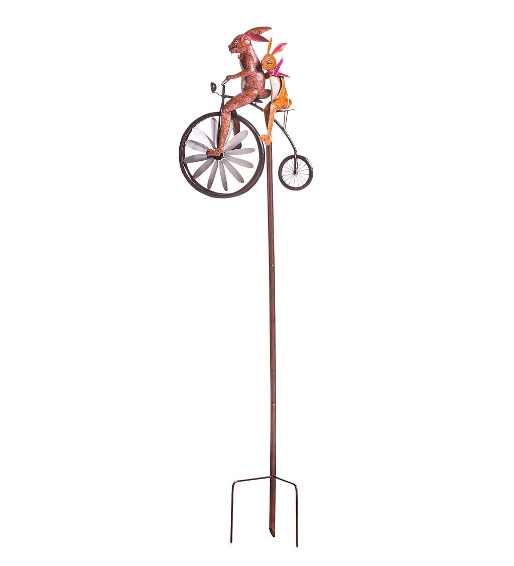 Handmade Bicycling Bunnies Metal Wind Spinner