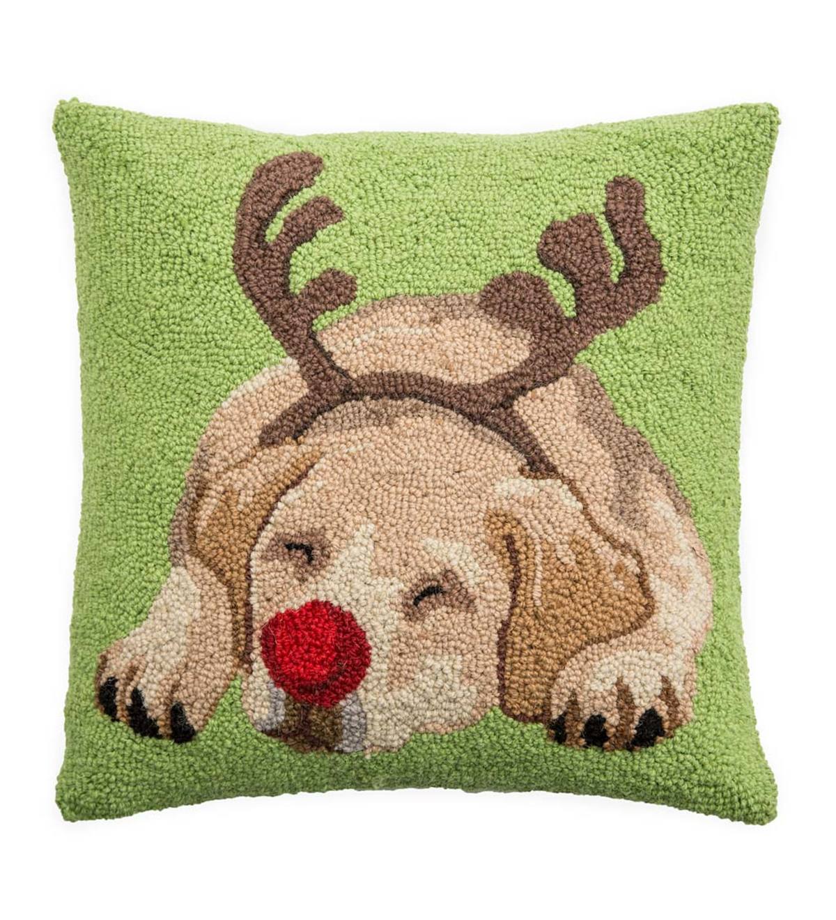 Hooked Wool Yellow Labrador with Antlers Holiday Throw Pillow