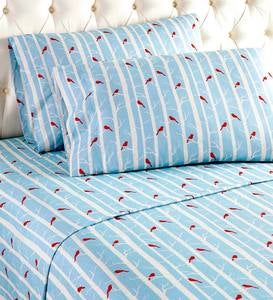 Twin Cardinals on Blue Background Micro Flannel Sheet Set