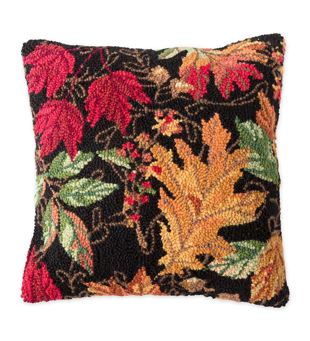 Hand-Hooked Wool Fall Leaves Throw Pillow