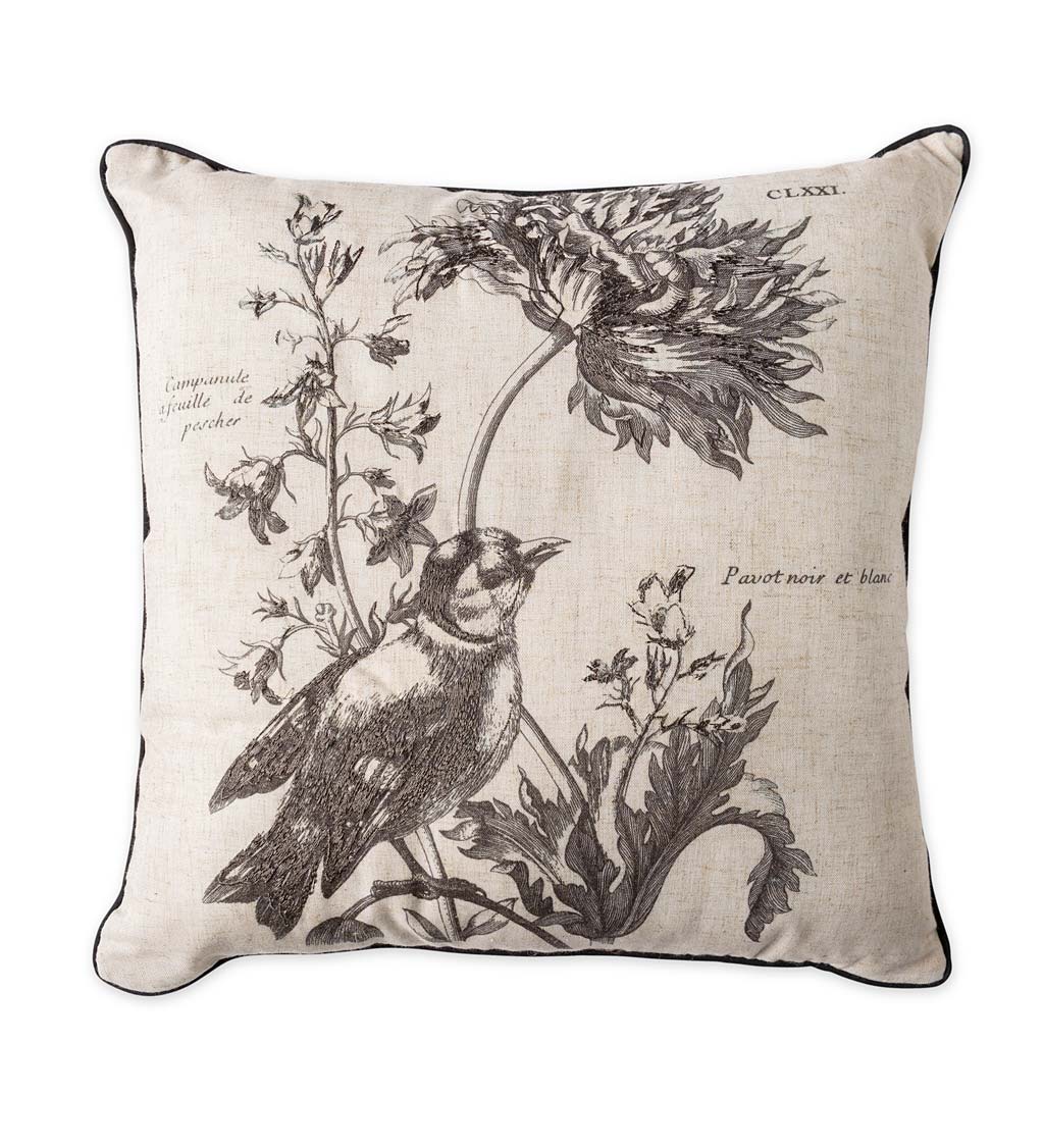 Embroidered Rare Botanical Illustration Bird Throw Pillow