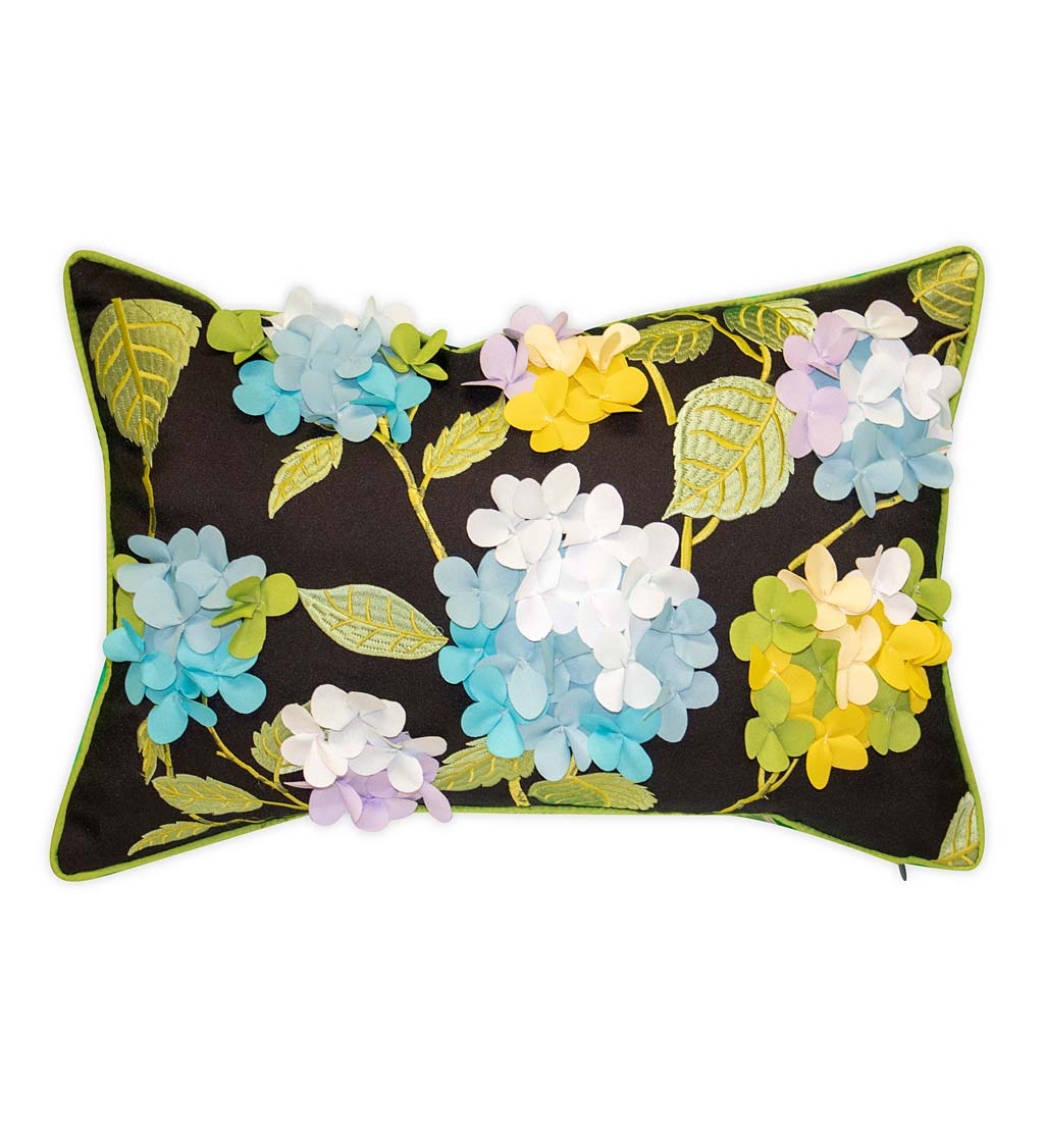 Indoor/Outdoor Embroidered 3D Hydrangea Lumbar Pillow - Blue