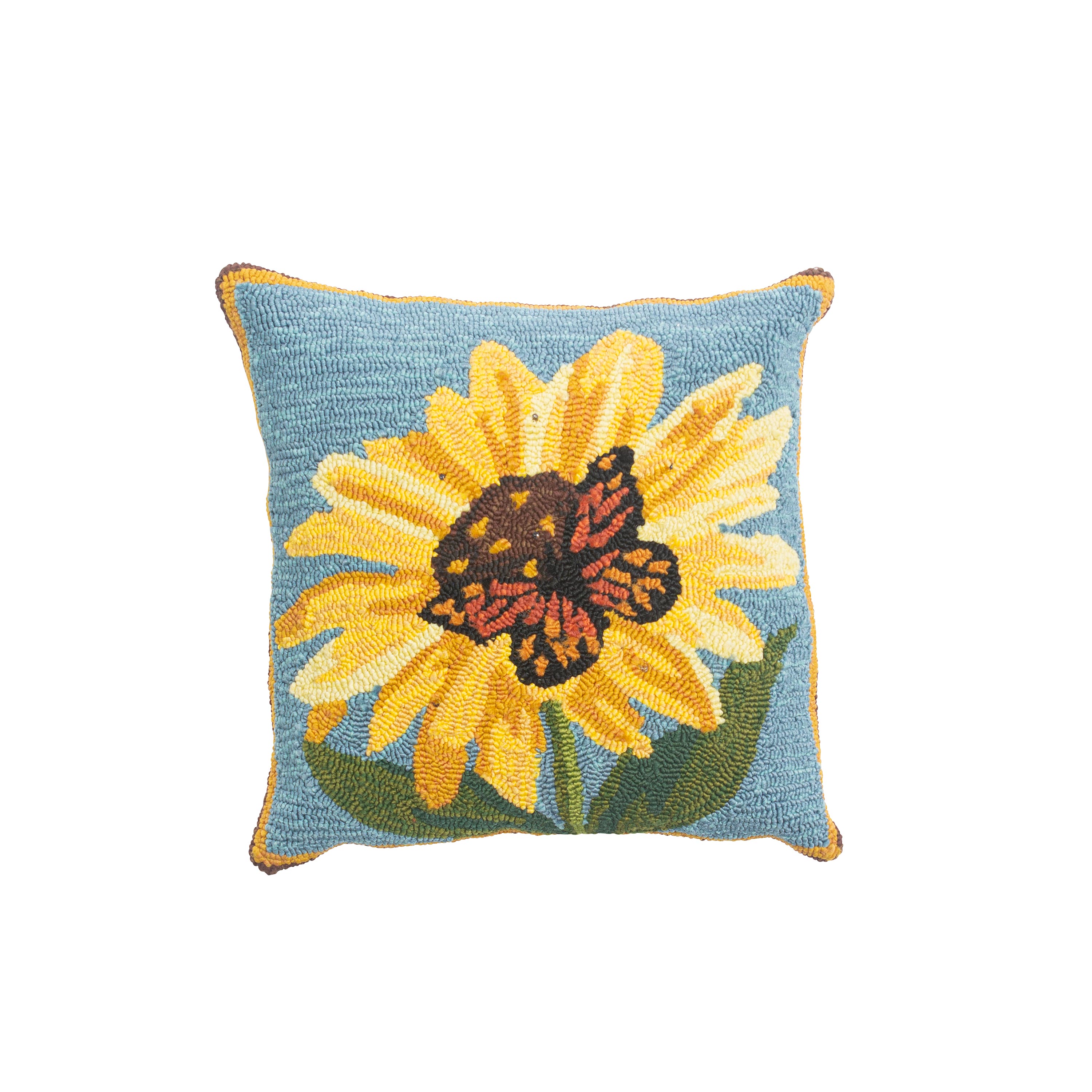 Indoor/Outdoor Sunflower and Butterfly Hooked Polypropylene Throw Pillow