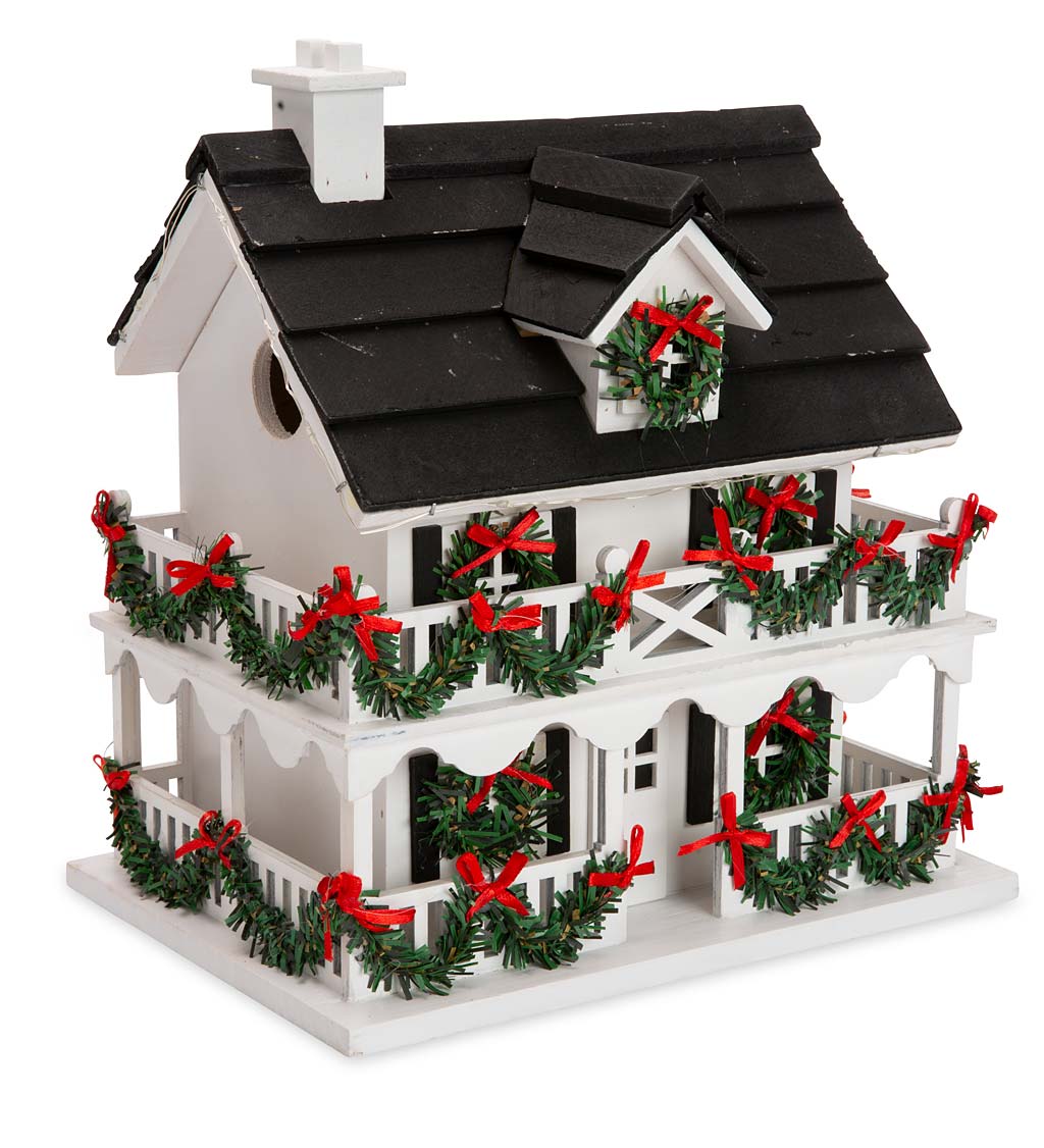 Lighted Holiday Colonial Cottage Birdhouse and Pedestal Pole Set