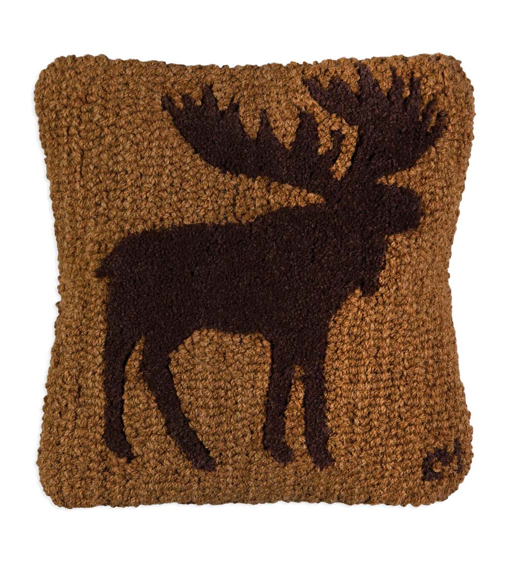 Moose Silhouette Hand-Hooked Wool Throw Pillow