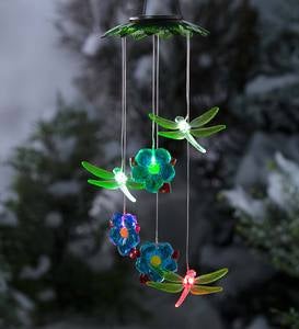 Color Changing Solar Mobile with Dragonflies and Flowers