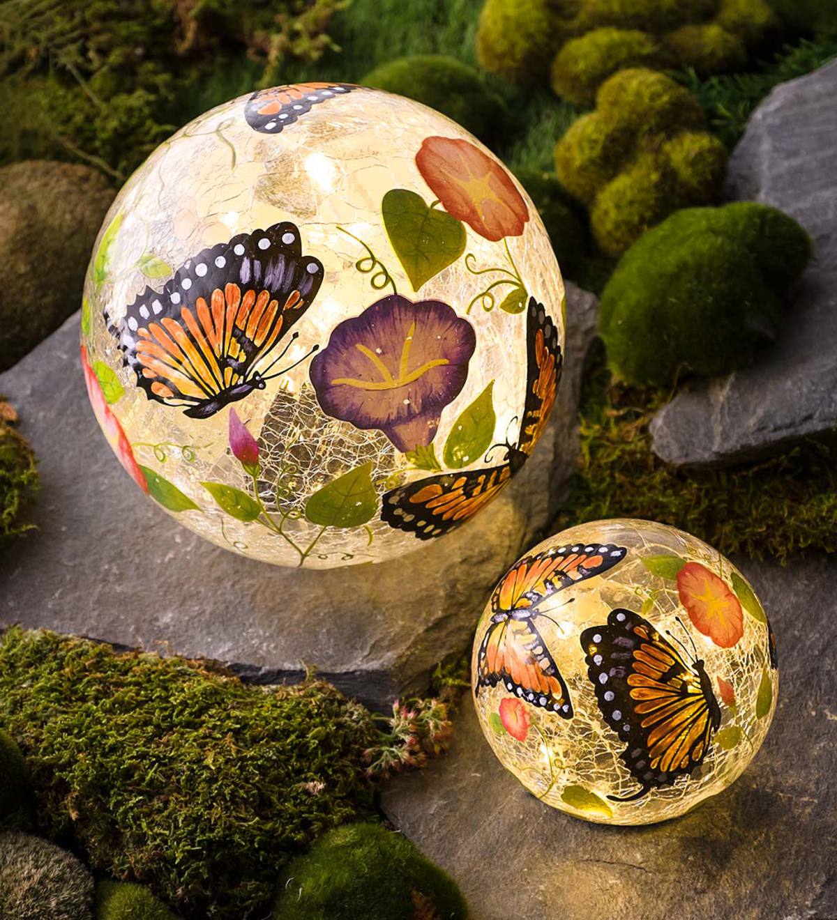 Butterfly Crackle Glass Solar Globes, Set of 2