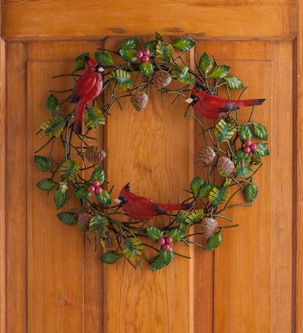 Handmade Metal Cardinal Evergreen Berry Wreath