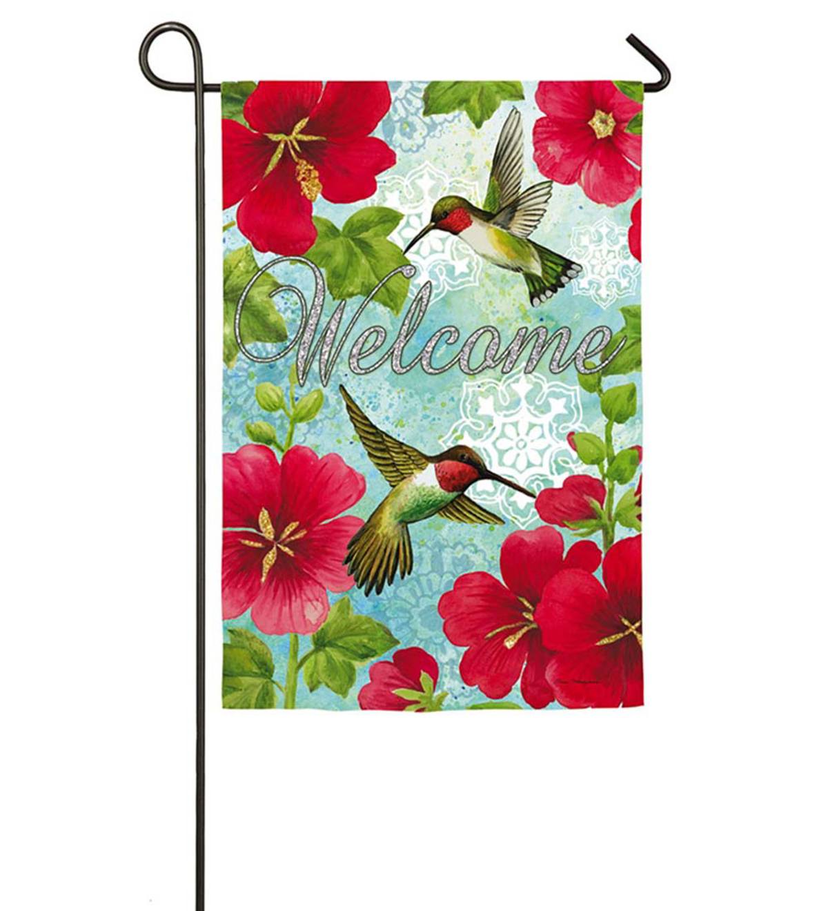 Hummingbirds and Hollyhocks Welcome Garden Flag