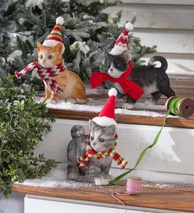 Holiday Kitten Statues with Hats and Scarves, Set of 3