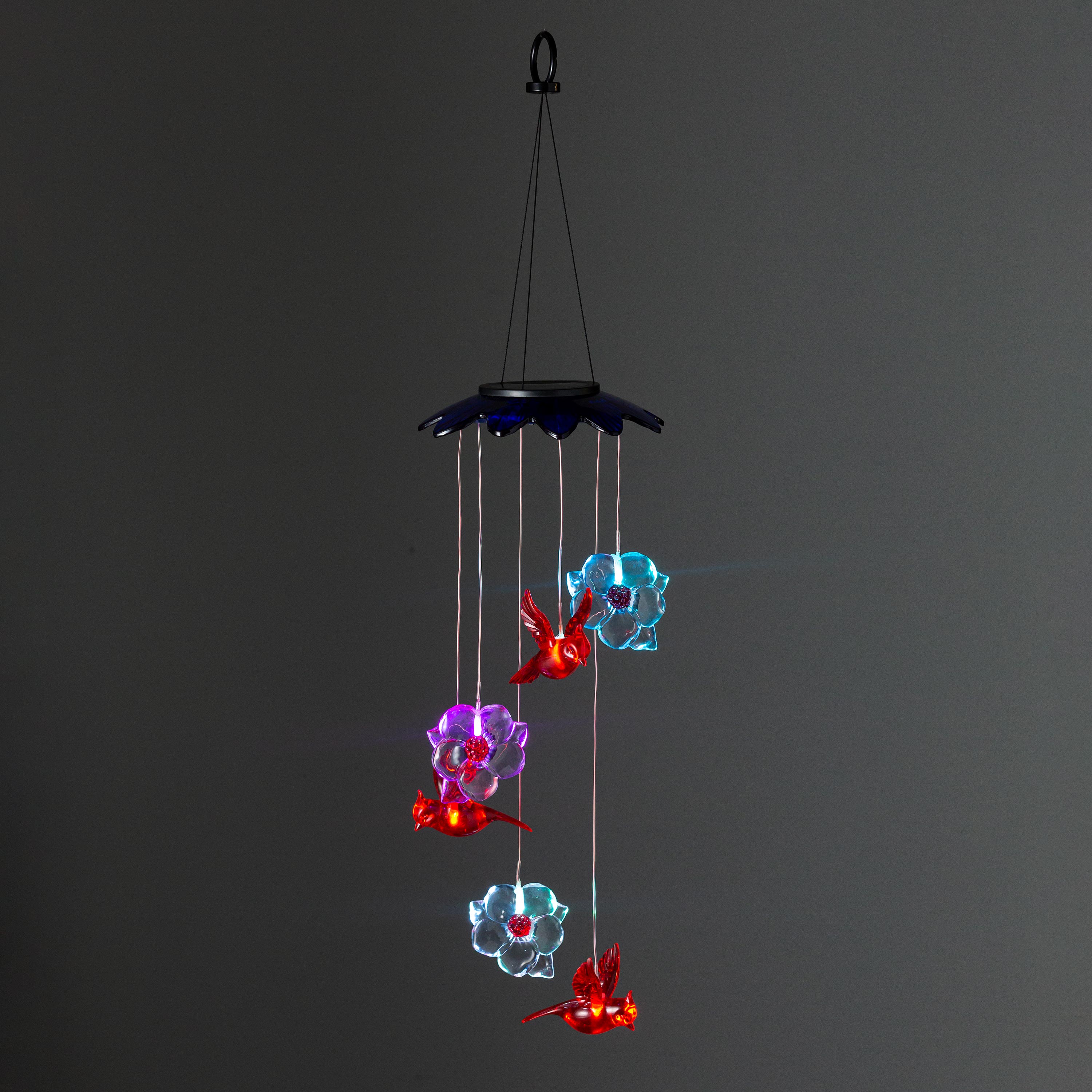 Color-Changing Solar Mobile With Cardinals And Flowers