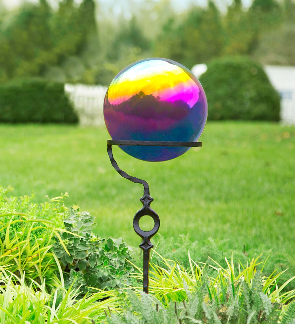 Metal Rainbow Gazing Ball with Wrought Iron Circle Stand - Rainbow
