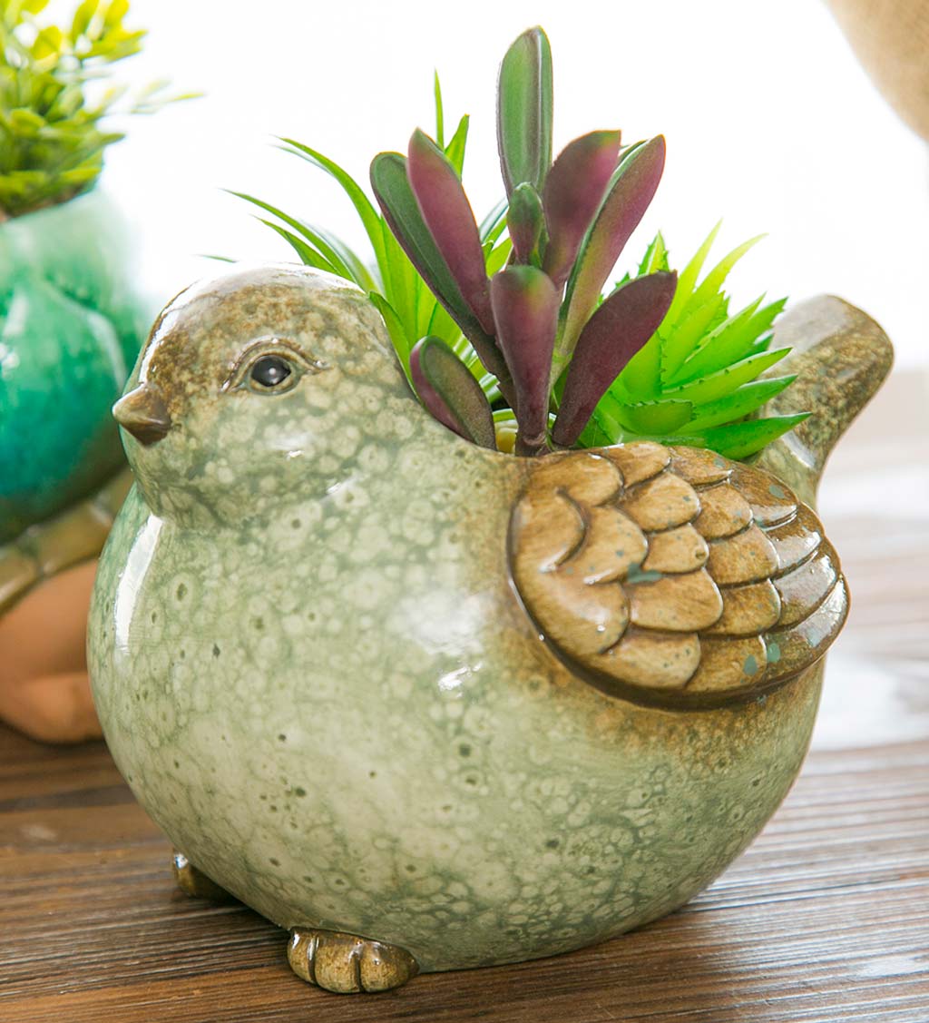 Ceramic Bird Planter with Faux Succulents