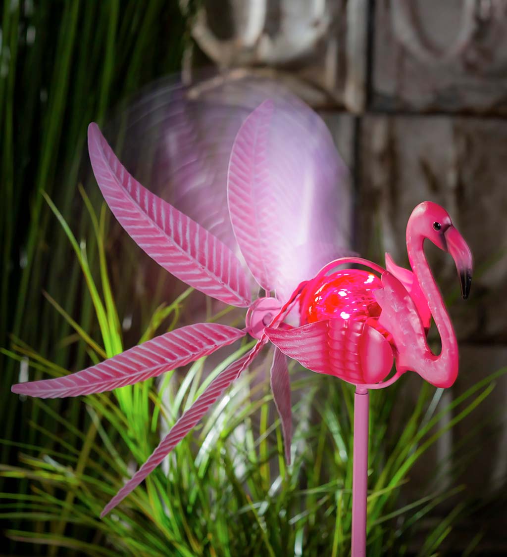 Solar Flamingo Metal Wind Spinner with Glass Orb