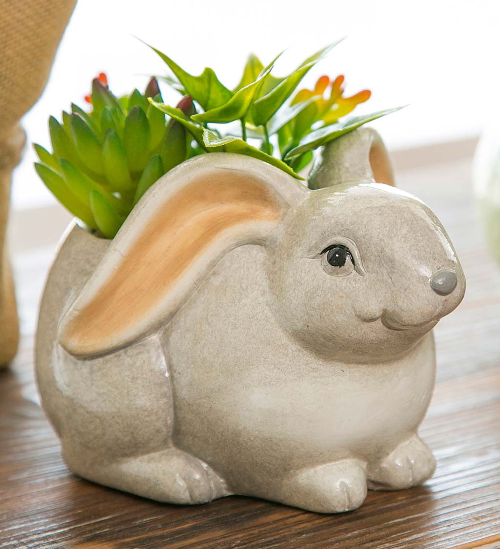 Ceramic Rabbit Planter with Faux Succulents