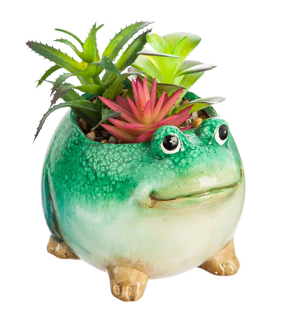 Ceramic Frog Planter with Faux Succulents