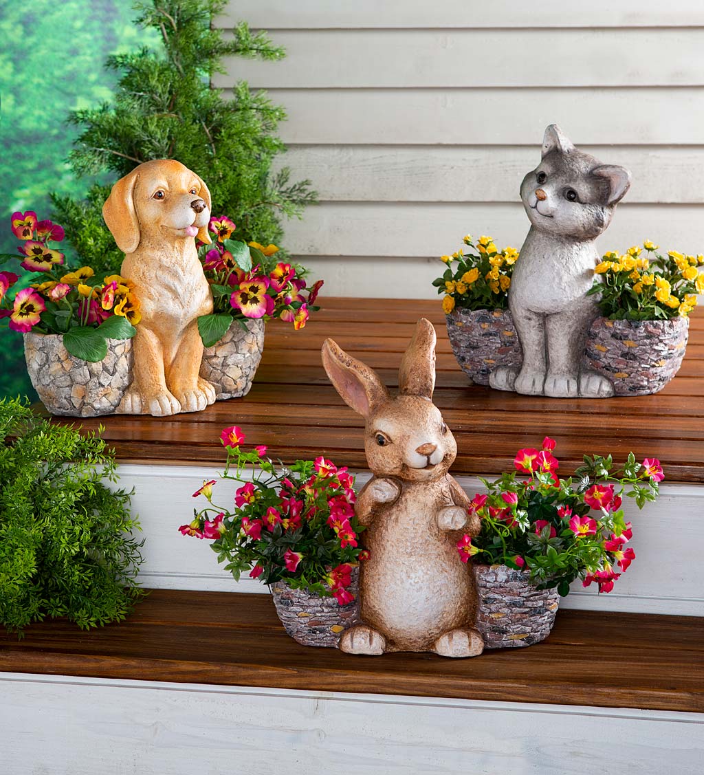 Faux Stone Bunny Statue Double Planter