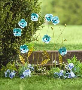 Blue Flower Decorative Garden Fence Panel Painted Metal Accent