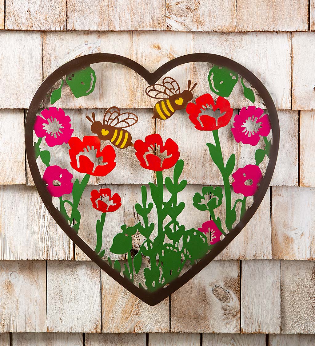 Metal Indoor/Outdoor Heart Wall Art With Bees And Flowers