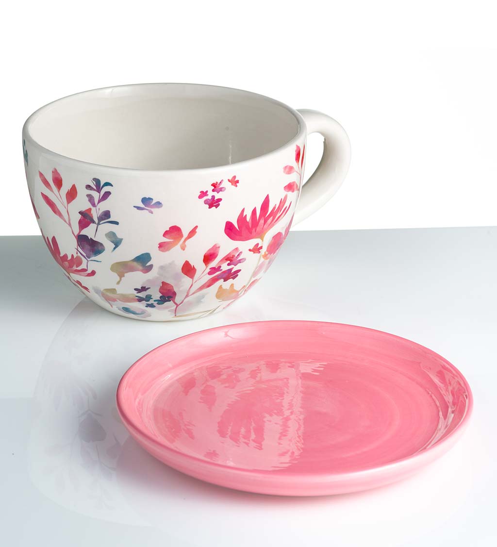 Ceramic Floral Tea Cup Indoor/Outdoor Planter with Saucer