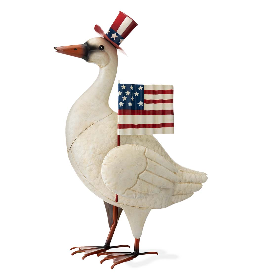 Metal Patriotic Goose Statue with American Flag and Top Hat