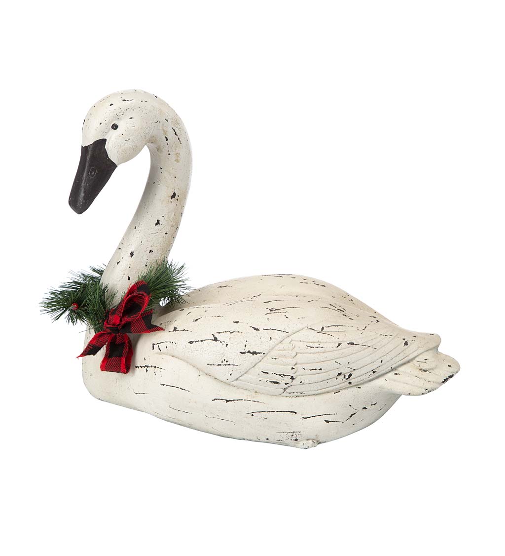 Hand-Painted Holiday Swan Statue with Wreath