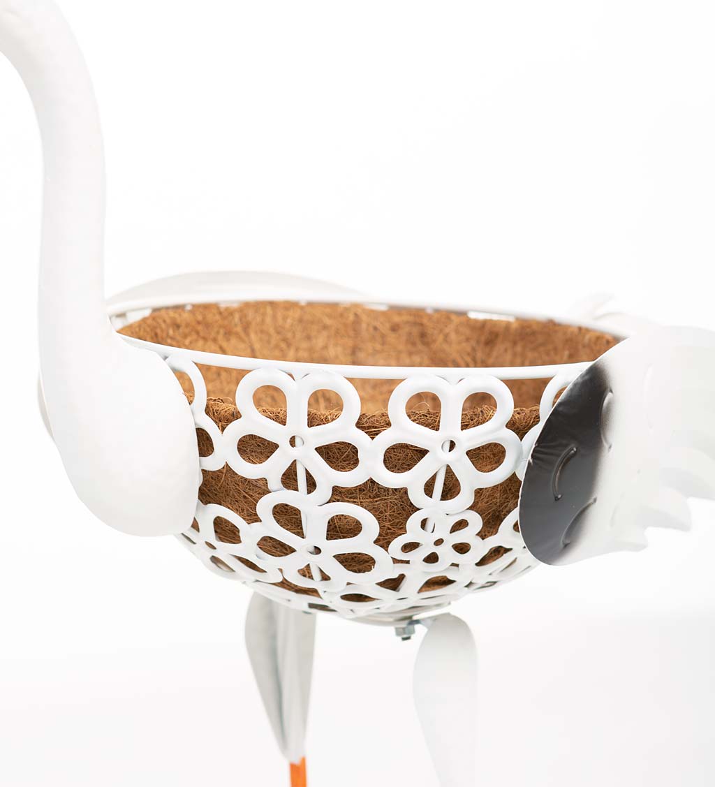 Standing White Heron Metal Planter with Coco Liner