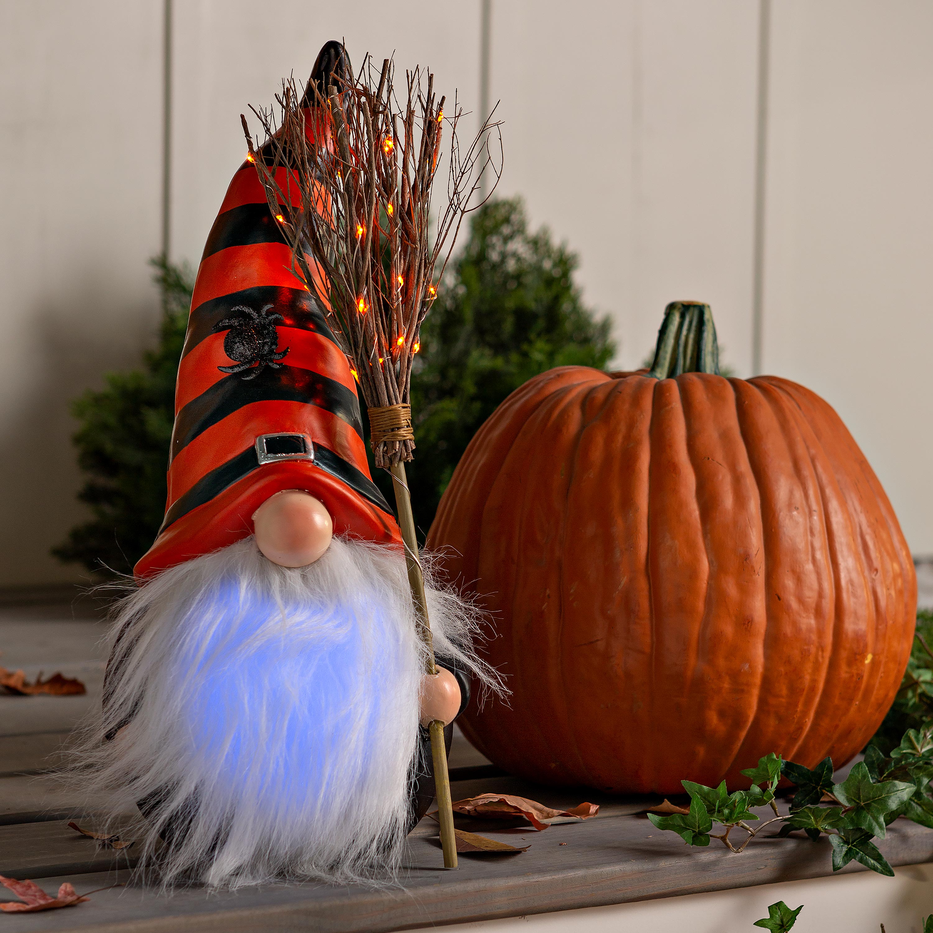 Halloween Gnome with Lighted Broom and Color-Changing Beard