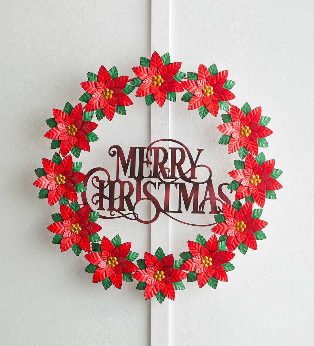 Poinsettia Merry Christmas Metal Wreath