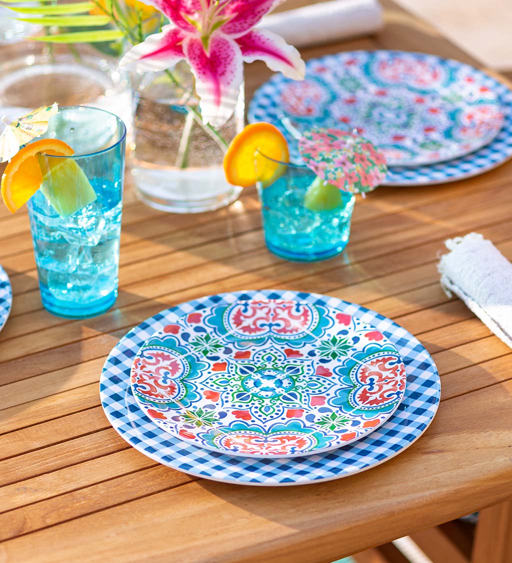 Blue Gingham Melamine Dinner Plates, Set of 6