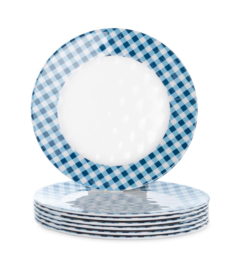 Blue Gingham Melamine Dinner Plates, Set of 6