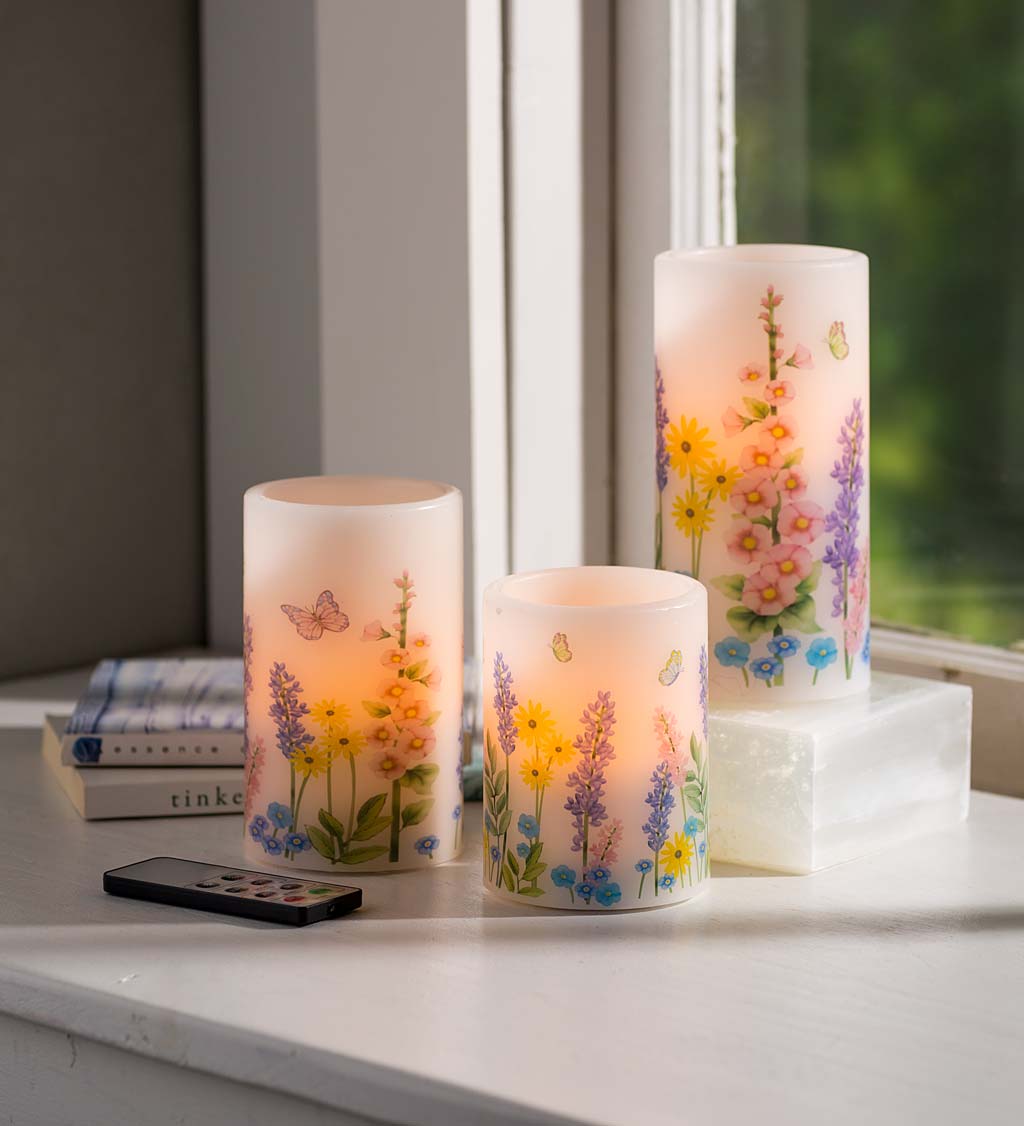 Flameless Pillar Candles with Floral Designs, Set of 3