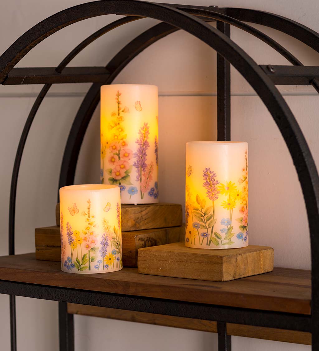 Flameless Pillar Candles with Floral Designs, Set of 3