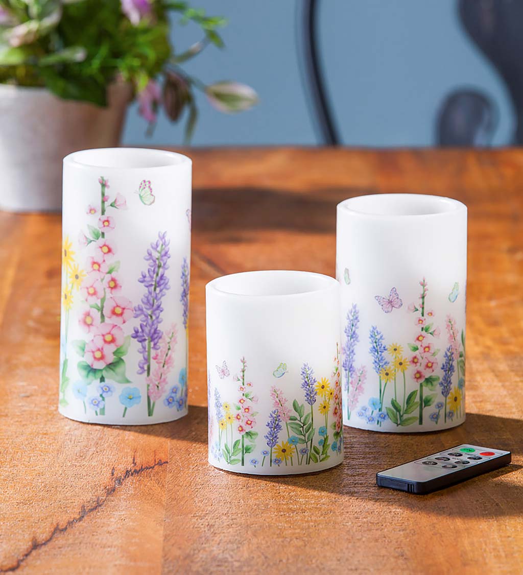 Flameless Pillar Candles with Floral Designs, Set of 3