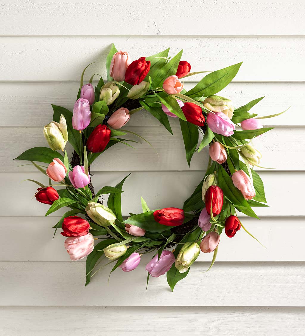 Multicolor Silk Tulip Wreath on Grapevine Base