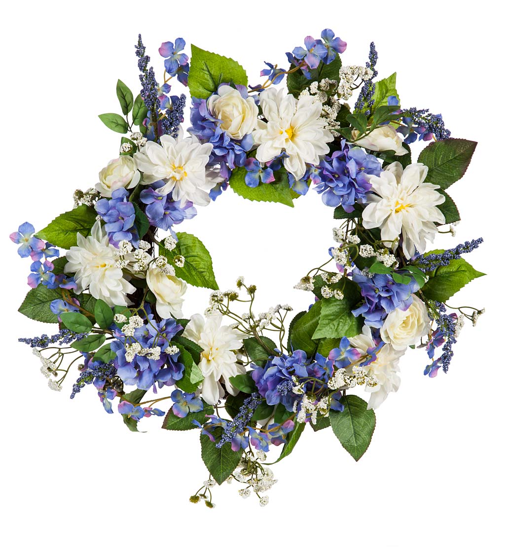 Blue Hydrangea and White Roses Faux Floral Wreath