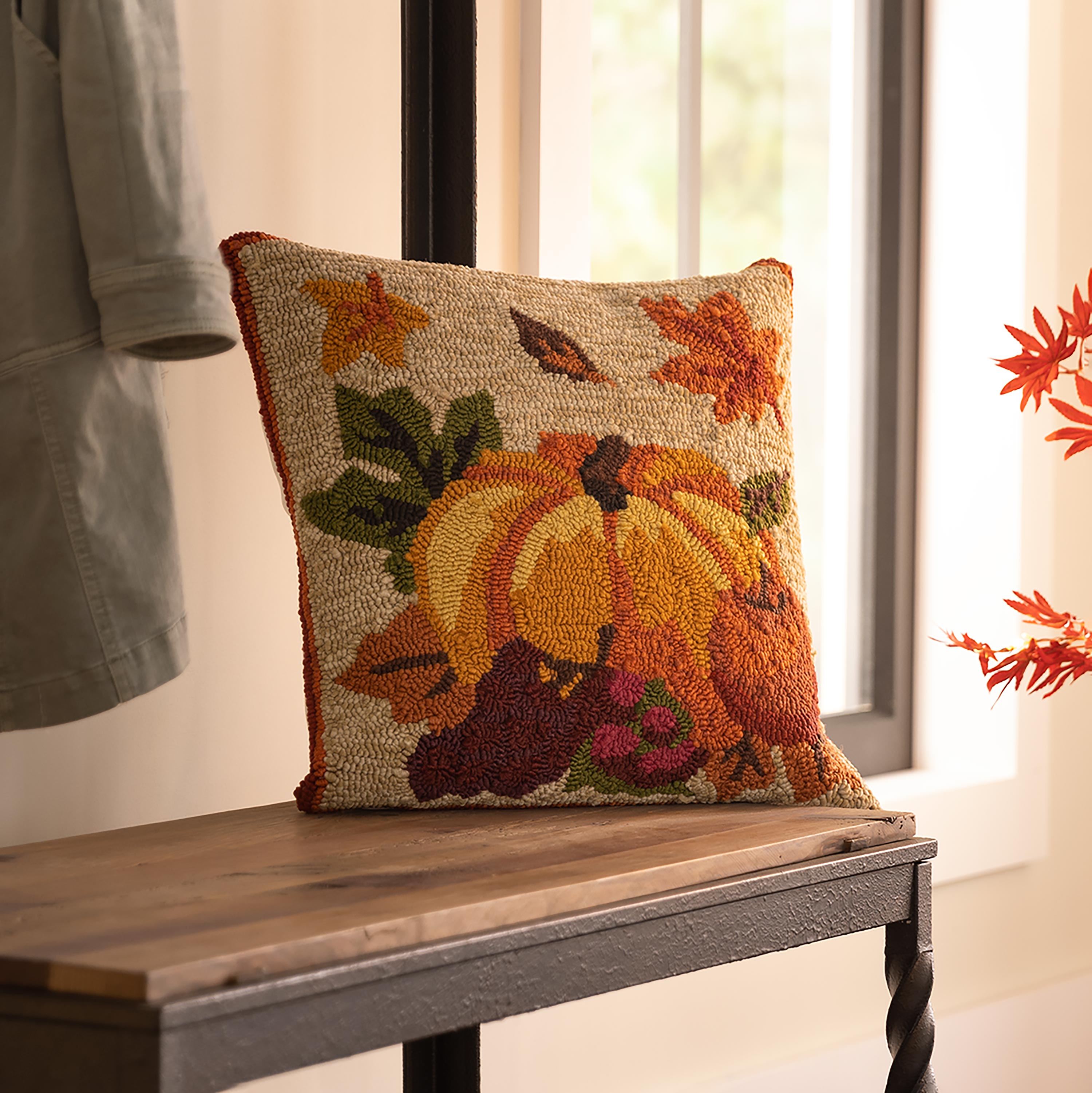 Indoor/Outdoor Fall Bounty Hand Hooked Polypropylene Throw Pillow