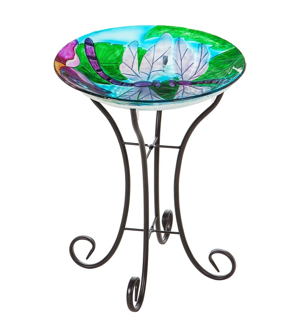 Dragonfly Duo Solar Hand-Painted Embossed Glass Bird Bath with Stand
