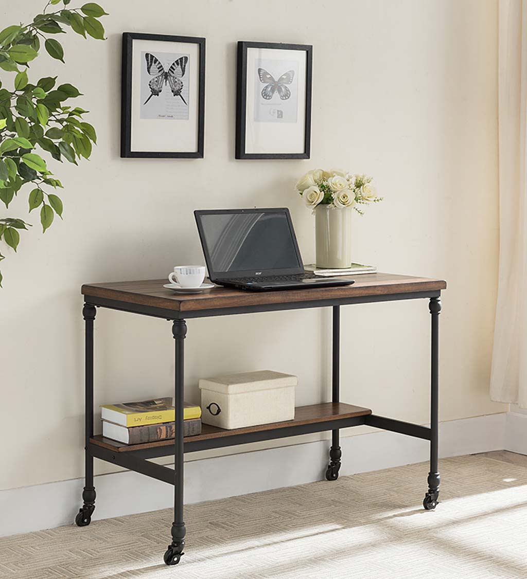 Rolling Weston Writing Desk with Built-In Charging Station and Wheels - Espresso