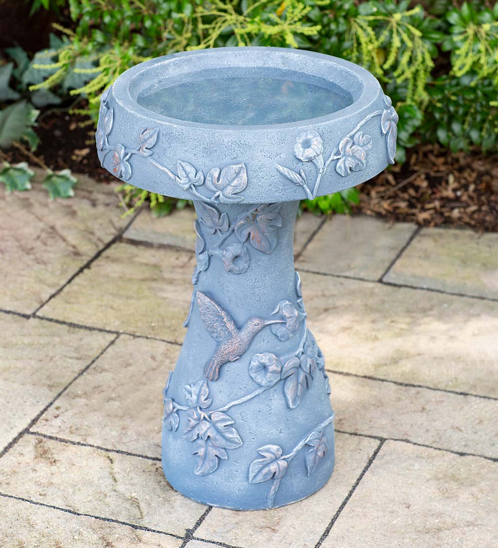 Hummingbird and Flower Stone-Look Birdbath